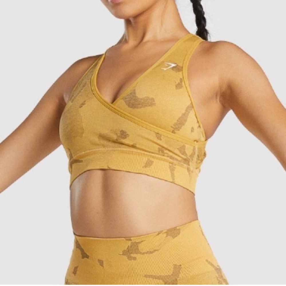 Gymshark Adapt Yellow Camo Wrap-Front Seamless Sports Bra Small